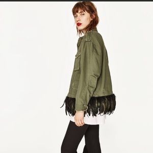 JCL Army Green Utility Jacket with Feathers at Hem